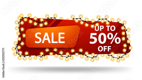 Sale, up to 50% off, horizontal red discount banner with garland isolated on white background