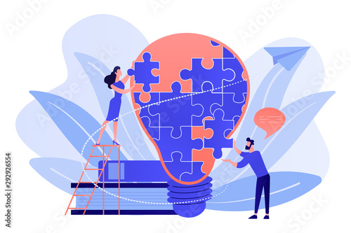 Business team brainstorm, lightbulb and rocket. Vision statement, business and company mission, business planning concept on white background. Pink coral blue vector isolated illustration