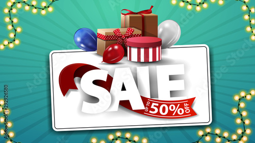 Sale, up to 50% off, horizontal coupon with large letters, gift boxes and balloons