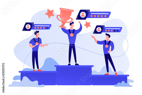 Tiny people winners sportsmen on podium with rating stars. Sports rating system, team player rating, competitive strength metrics concept. Pink coral blue vector isolated illustration
