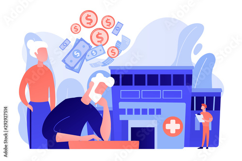 Pensioners social security. Healthcare expenses of retirees, supplemental health insurance plan, the biggest retirement expenses concept. Pink coral blue vector isolated illustration