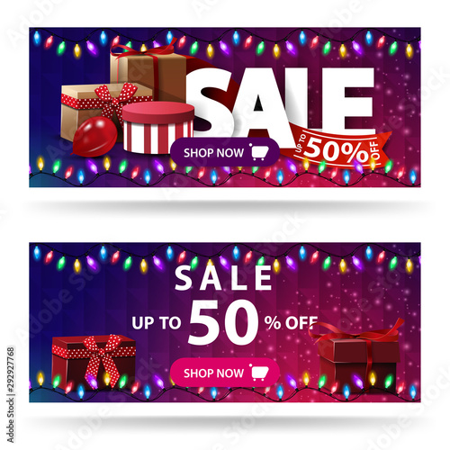 Sale, up to 50% off, two purple discount banners with gift boxes and polygonal texture