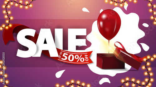 Sale, up to 50% off, pink discount banner with garland and gift box with balloon