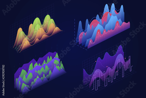 Graphs, charts isometric vector illustrations set. Business infographic elements pack. Financial diagrams, infocharts, statistical data analysis visualization. Report, presentation 3d cliparts