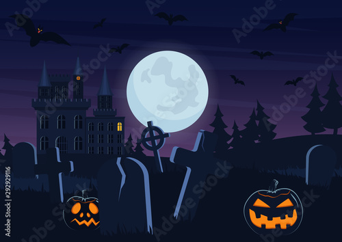 Halloween spooky graveyard flat vector background. Scary haunted house at night cartoon illustration. Horror moon, pumpkins and tombstones creepy backdrop. Helloween gothic composition with cemetery