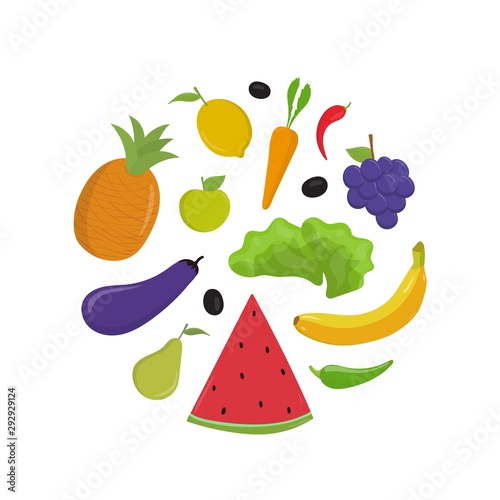 Fruit and vegetables flat vector illustrations set. Raw whole banana and appl...