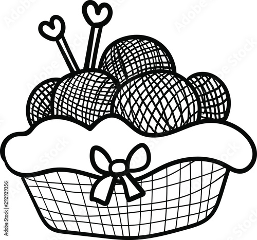 Basket with balls and knitting needles. Coloring page, Coloring book. Contour. Doodle illustration. Handmade. Symbol of celebration and comfort. Cozy Home. - Vector. Vector illustration