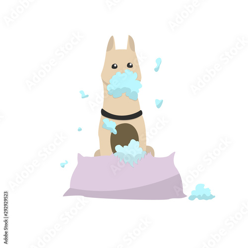 Funny dog tears a pillow to shreds. Vector flat illustration.