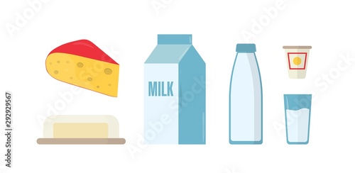 Dairy products flat vector illustrations set. Milk in bottle, package and glass isolated cliparts pack on white background. Piece of Swiss cheese with holes, butter in plate design elements collection