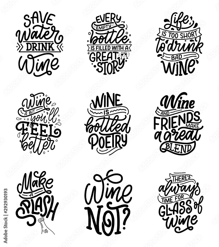Fototapeta premium Set of wine lettering compositions in modern style. Alcohol beverage bar drink concept. Vintage typography for prints or posters. Vector