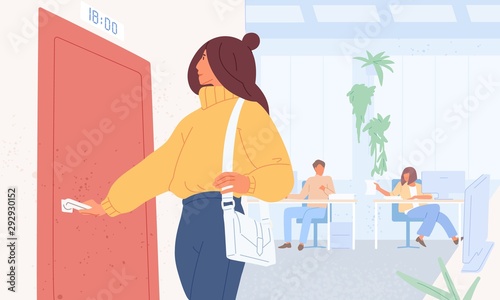 Worker leaving work on time flat vector illustration. Woman character opening door. Girl at office going to interview, appointment in time. Female employee finishing working day concept.