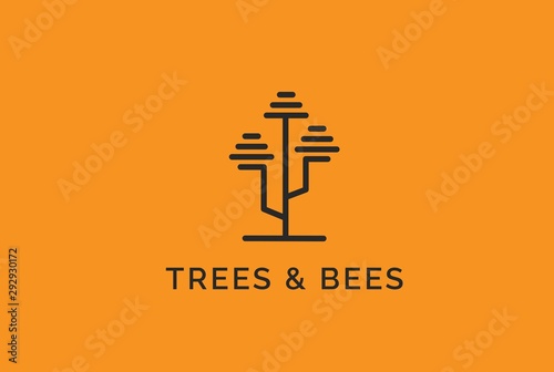 Simple modern tree logo design with beehive leaf line art illustration