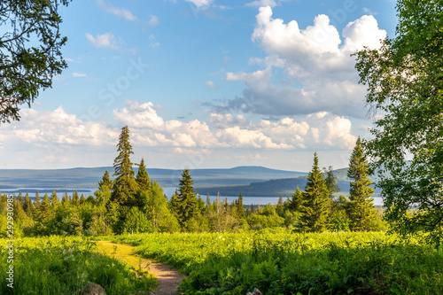 Beautiful view from the Zyuratkul ridge on the lake Zyuratkul. Zyuratkul lake is a high-mountain lake in the southern Ural. Zyuratkul national Park, Chelyabinsk region, Russia.