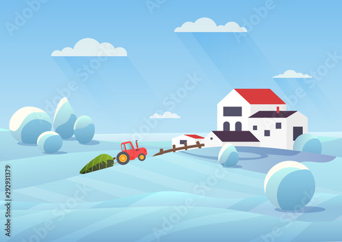 Snowy winter landscape flat vector illustration. Countryside house and snow fields. Tractor transporting fir tree to townhouse. Xmas modern home building. Christmas cottage cartoon composition