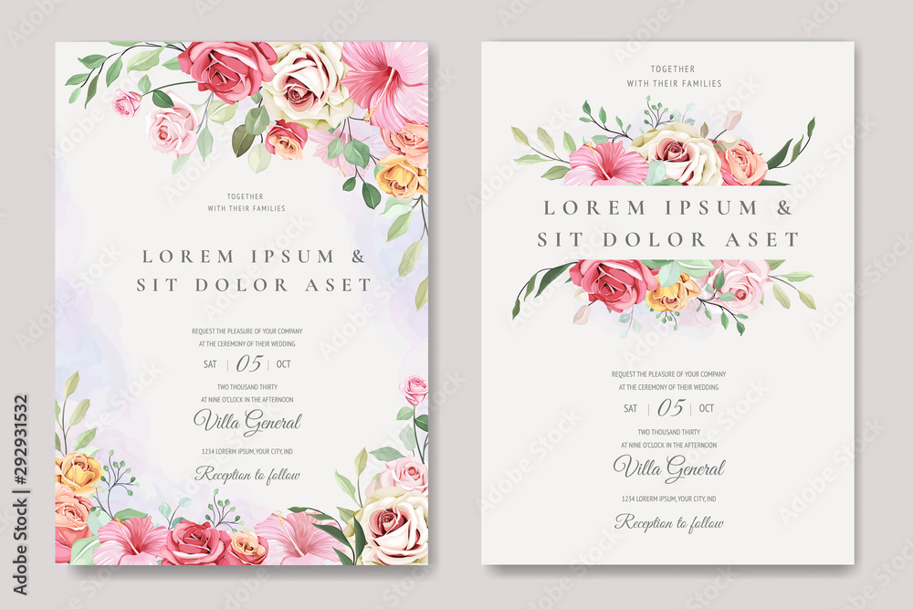 Plakat elegancka kartka ślubna z pięknym szablonem kwiatowym i liści