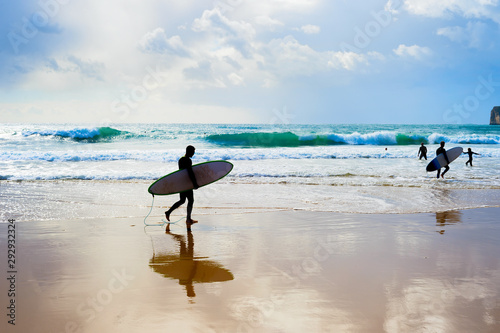 Canvas Print Surfers surfboards silhouette Portugal Algarve