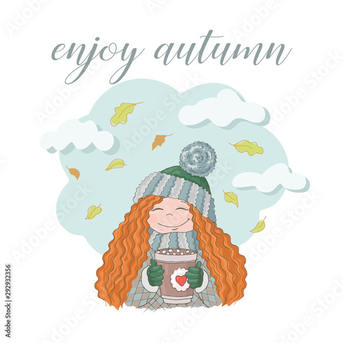 Cozy autumn poster. Cute cartoon girl with foxy hair drinks coffee on a walk.