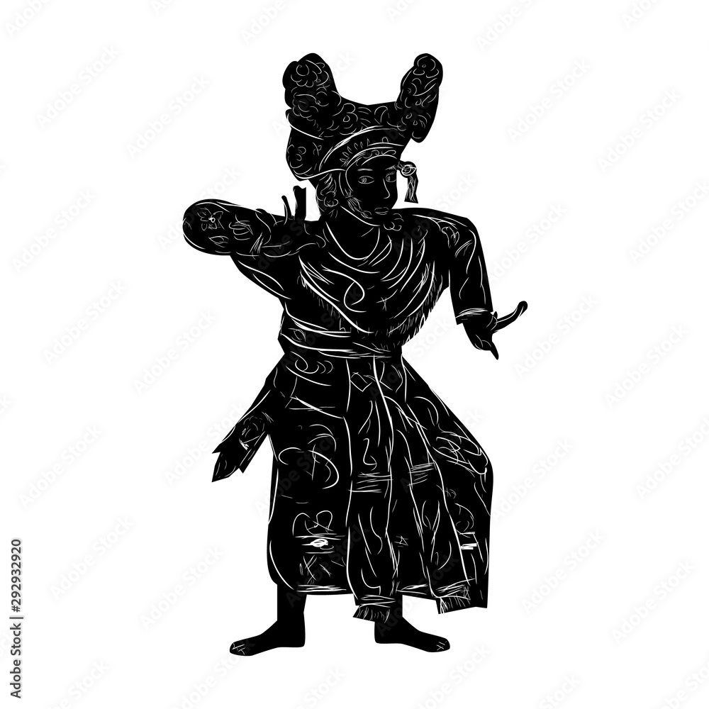 Simple Vector Hand Draw Sketch and Silhouette of Young Girl Traditional Bali Indonesia