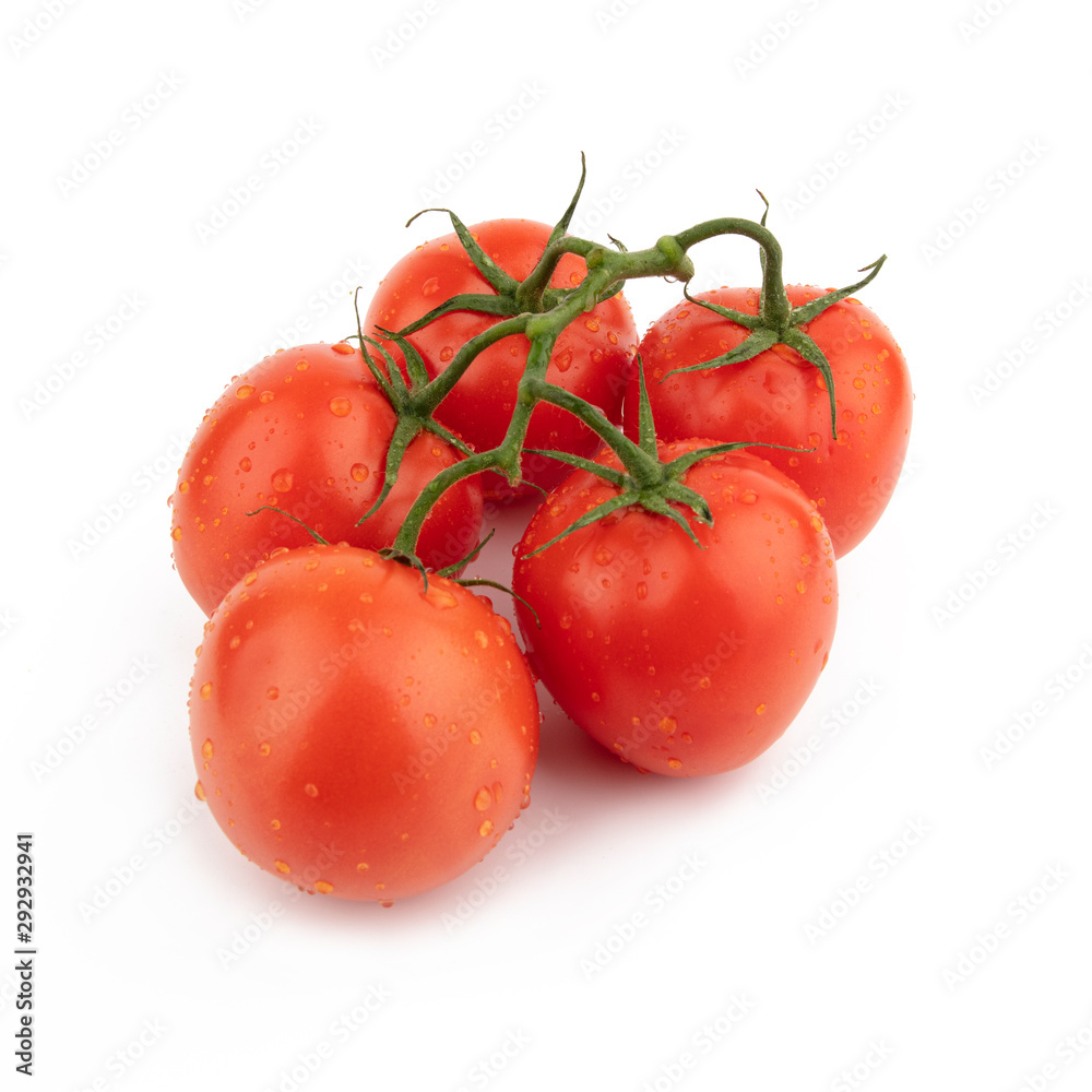 Group red tomatoes whole on a green branch. Isolated on a white background. Group red tomatoes whole on a green branch. Isolated on a white background.