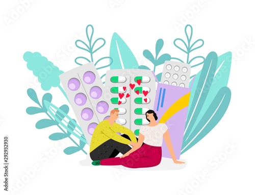 Birth control. Woman health, contraception. Vector couple in love and pills