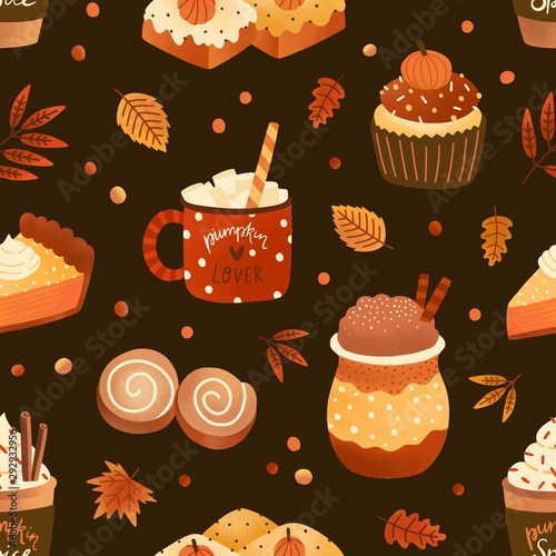 Autumn season dessert and drink flat vector seamless pattern. Pumpkin spice latte and cupcakes background, backdrop. Cappuccino, pie slice and leaves wrapping paper, wallpaper, textile design.