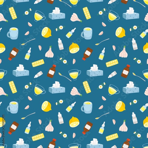 Cold remedies seamless pattern. Winter cold and flu health remedy vector texture, syrup with lemon and medicine aspirine pills, medication drops