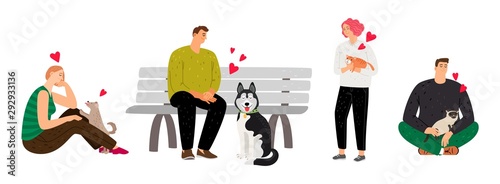 Pet owners. Cartoon people with dogs and cats. Single woman and man with pets vector set