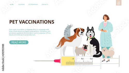 Pet vaccination landing page. Pet care vector banner template. Veterinarian dogs cat characters
