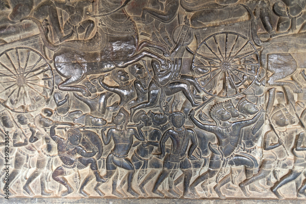 Bas Relief mural of Khmer culture in Angkor Wat temple wall , Cambodia, close up