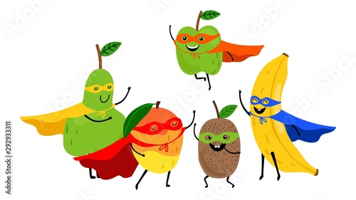 Superhero fruits team. Cute cartoon fruit superheroes isolated on white background