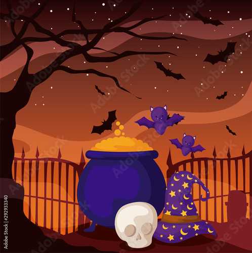 cauldron bubbly of witch on halloween scene