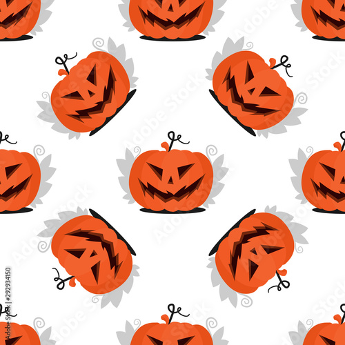 Seamless pattern Jack pumpkin head with scary halloween face with leaves. Flat illustration for the holiday All Saints Day for paper, fabric decoration or invitation design.