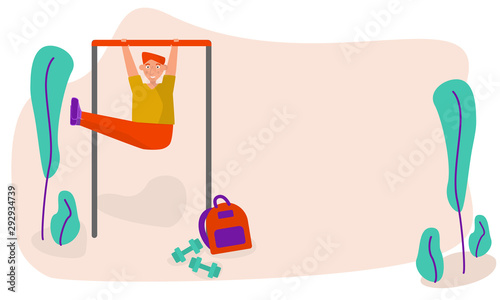 Strong young fit man in modern sport outfit is doing exercises for the abs muscles hanging on horizontal bar on a street sports field. Outdoor sports concept. Banner with copy space.