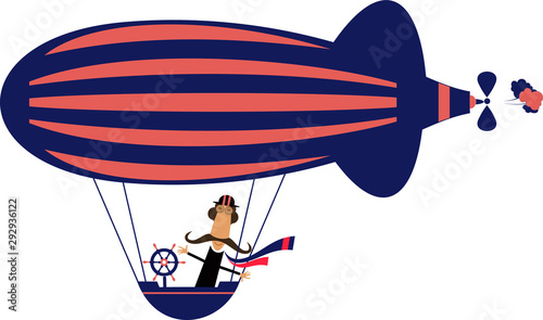 Funny mustache man flies on the airship illustration. Cartoon mustache man flies on the airship isolated on white