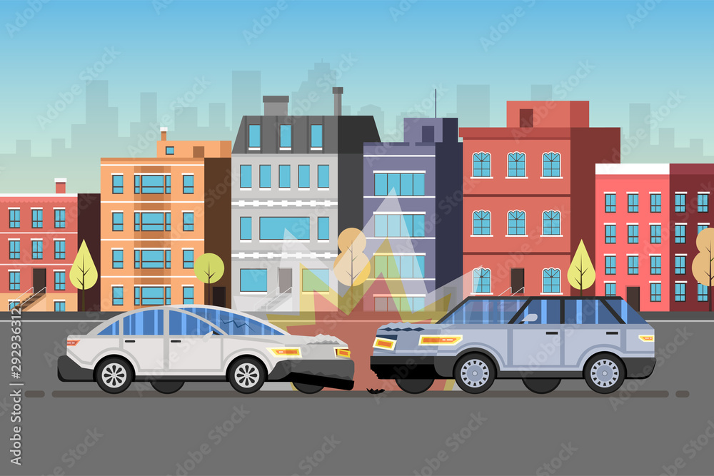 Car accident concept. City downtown landscape on the background. Vector illustration.