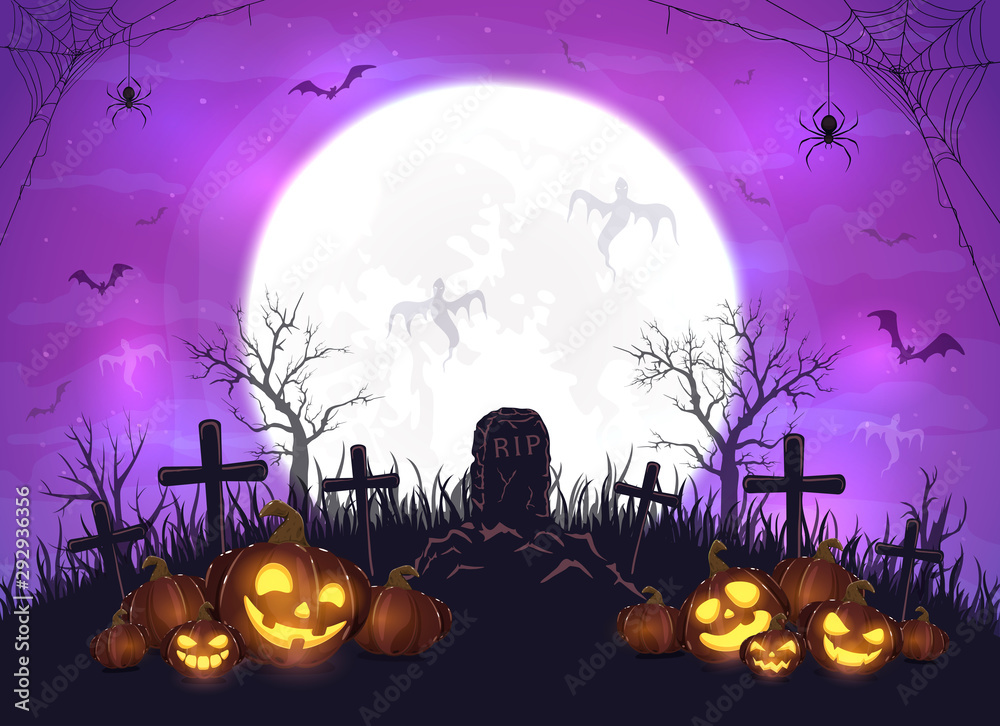 Fototapeta premium Halloween Pumpkins and Ghosts on Purple Background