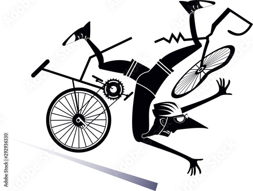Cyclist falling down from the bicycle isolated illustration. Cyclist falling down from the broken bicycle black on white illustration 