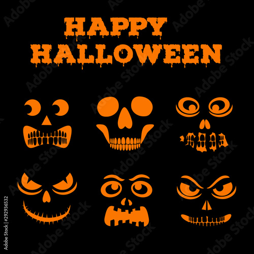 Halloween pumpkins carved faces. Template for cut out jack o lantern. Funny zombie and skeleton monsters stencils