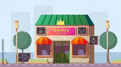 Jewelry store building with bright signboard, advertising banners on facade. Small local business property on roadside, city commercial real estate. Urban architecture cartoon vector illustration