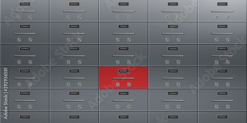 Individual deposit safe boxes wall with number plates, tandem keyholes on steel doors illustration. Bank vault for valuable, confidential documents, money secure saving 3d realistic vector background