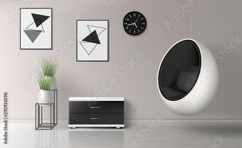 House, apartment living room modern interior template. White egg chair, hanging on metal chain from ceiling, commode, paintings frames on wall, flowerpots on stand 3d realistic vector illustration