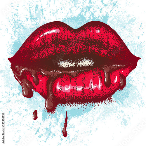 Sexy lips with dripping chocolate. Vector hand drawn illustration. Color illustration design for print, poster.