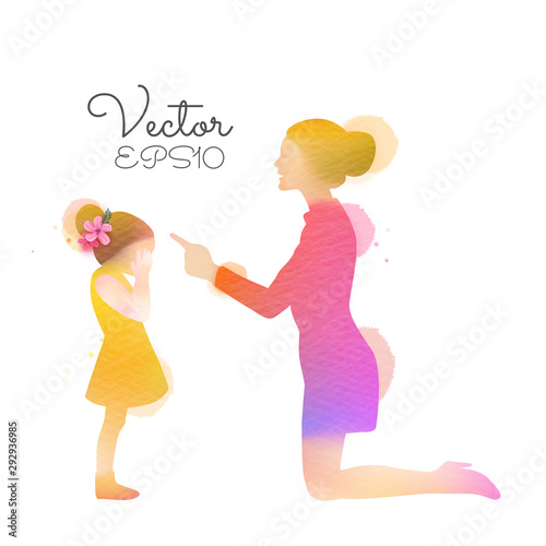 A girl crying and her mom blames her daughter silhouette plus abstract watercolor painting. Parenting concept. Double exposure illustration. Vector illustration. Digital art painting.