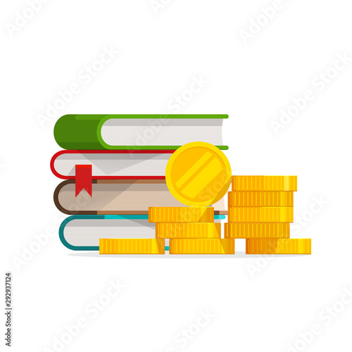 Graduation knowledge cost or expensive education or scholarship loan vector, flat cartoon money and stack of books, idea of tuition budget or college, university learning fee, profit or earnings image