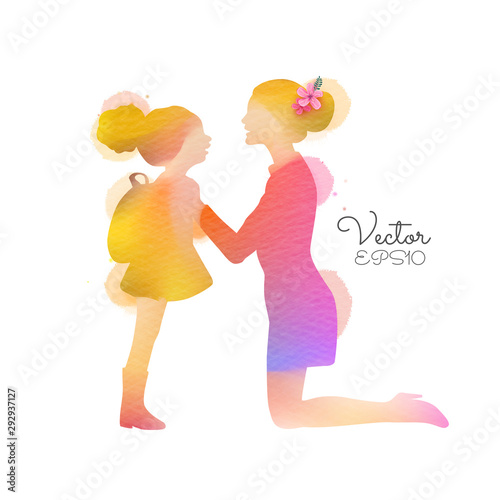 Mother saying goodbye to daughter as she leaves for school silhouette plus abstract watercolor painting. Parenting concept. Double exposure illustration. Vector illustration. Digital art painting.