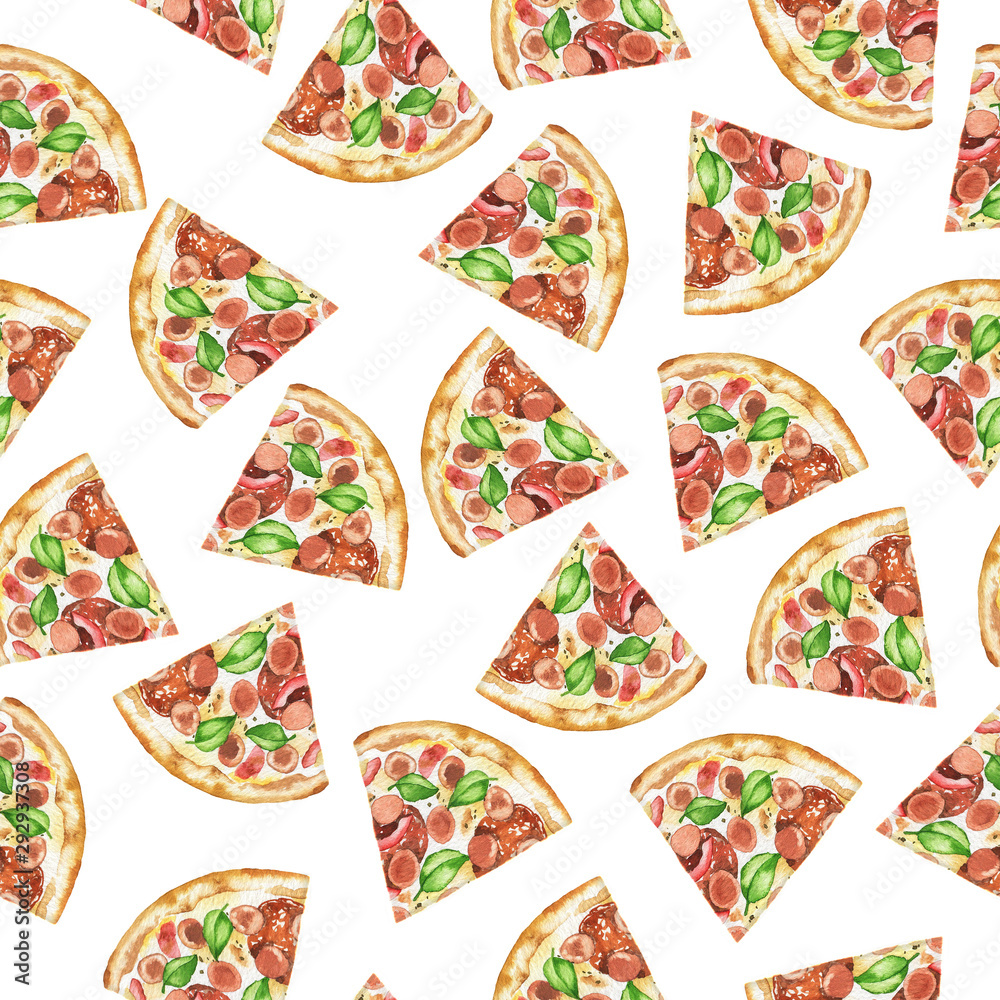 Seamless pattern with pizza slices on white background. Hand drawn watercolor illustration. Seamless pattern with pizza slices on white background. Hand drawn watercolor illustration.