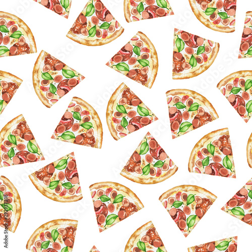 Seamless pattern with pizza slices on white background. Hand drawn watercolor illustration.