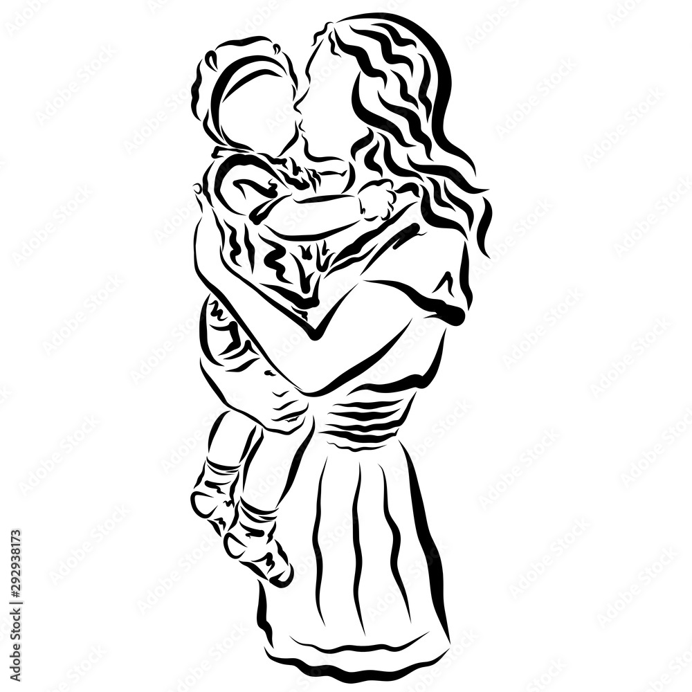 Young mother kisses her baby, black outline Young mother kisses her baby, black outline