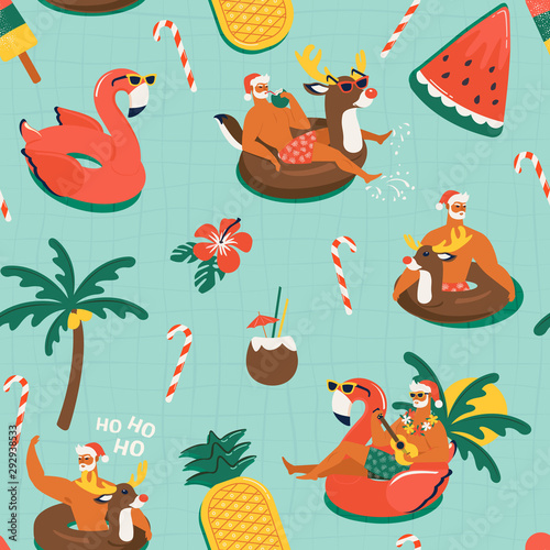 Christmas seamless pattern with cute funny Santa Claus animals with reindeer and flamingo inflatable ring. Tropical Christmas Vector illustration.