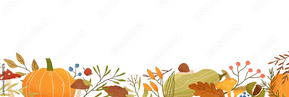 Fall flat vector background. Autumn decorative horizontal illustration with pumpkins and place for text. Dried leaves drawing isolated on white. Fall season backdrop with forest foliage and berries.